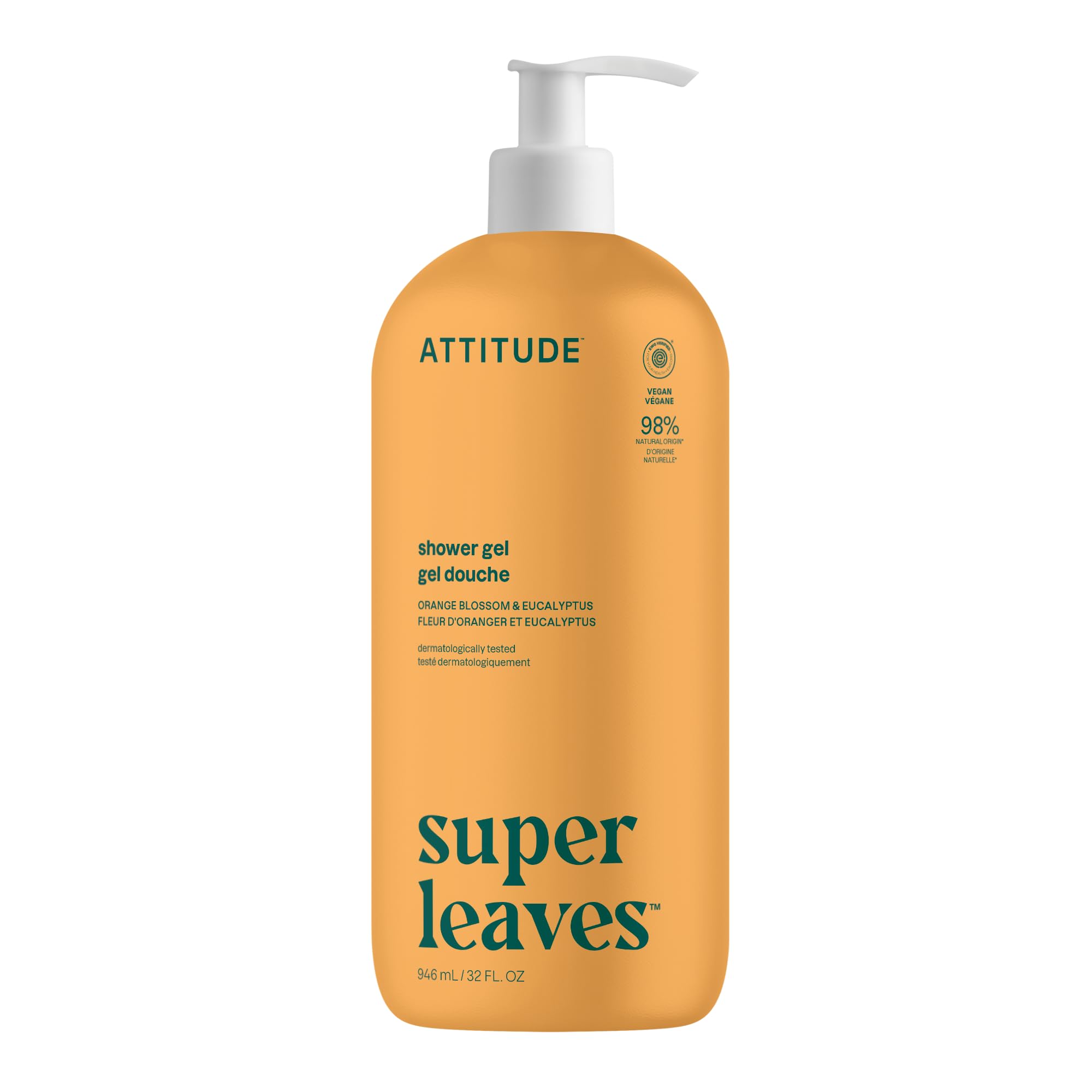 ATTITUDE Body Wash, EWG Verified Shower Gel, Dermatologically Tested, Plant and Mineral-Based, Vegan Personal Care Products, Orange Blossom & Eucalyptus, 32 Fl Oz