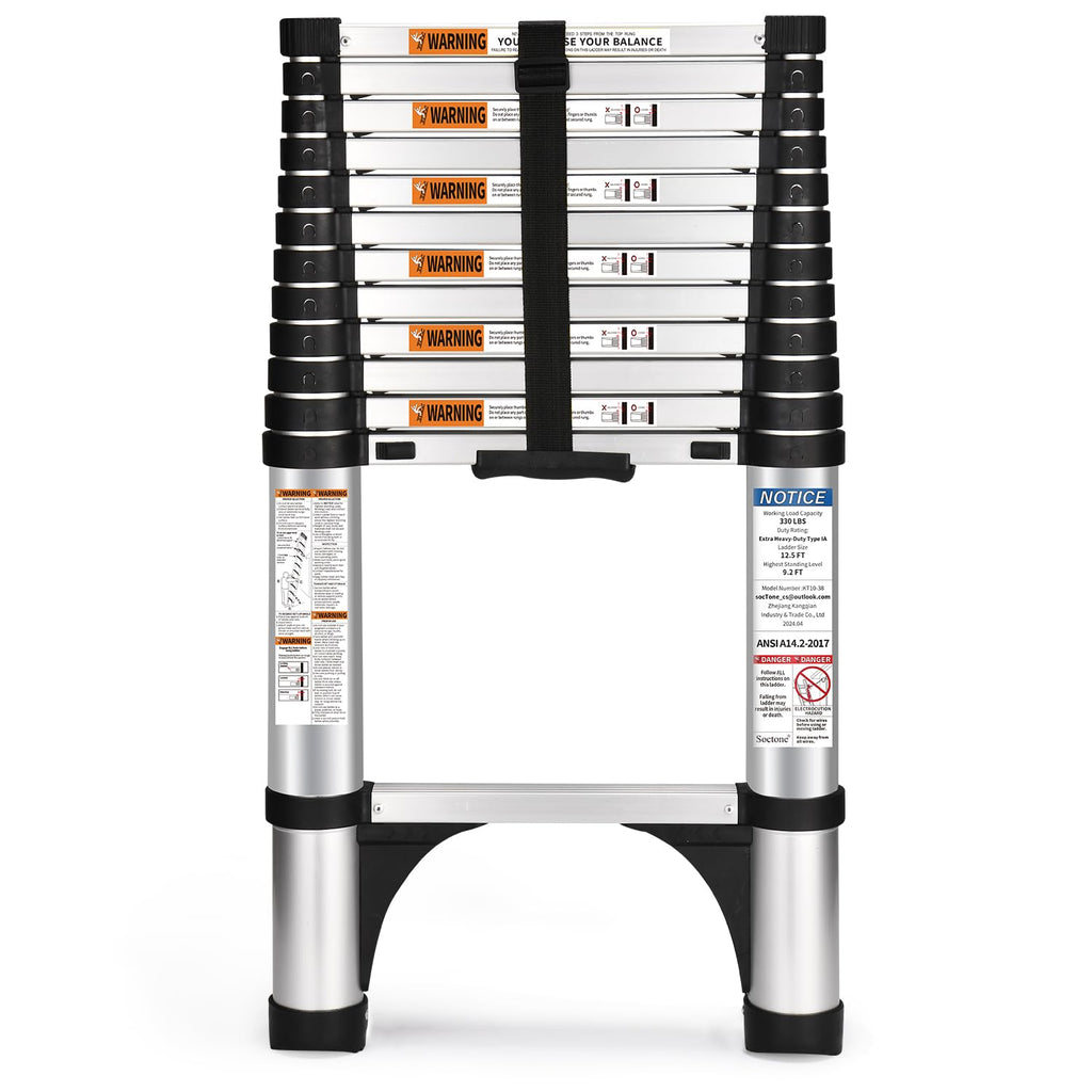 Soctone Telescoping Ladder, 12.5 FT Aluminum Button Retraction Extension Ladder with 2 Triangle Stabilizers, Multi-Purpose Ladder with Slow Down Design, 330lbs Max Capacity for House Daily Life