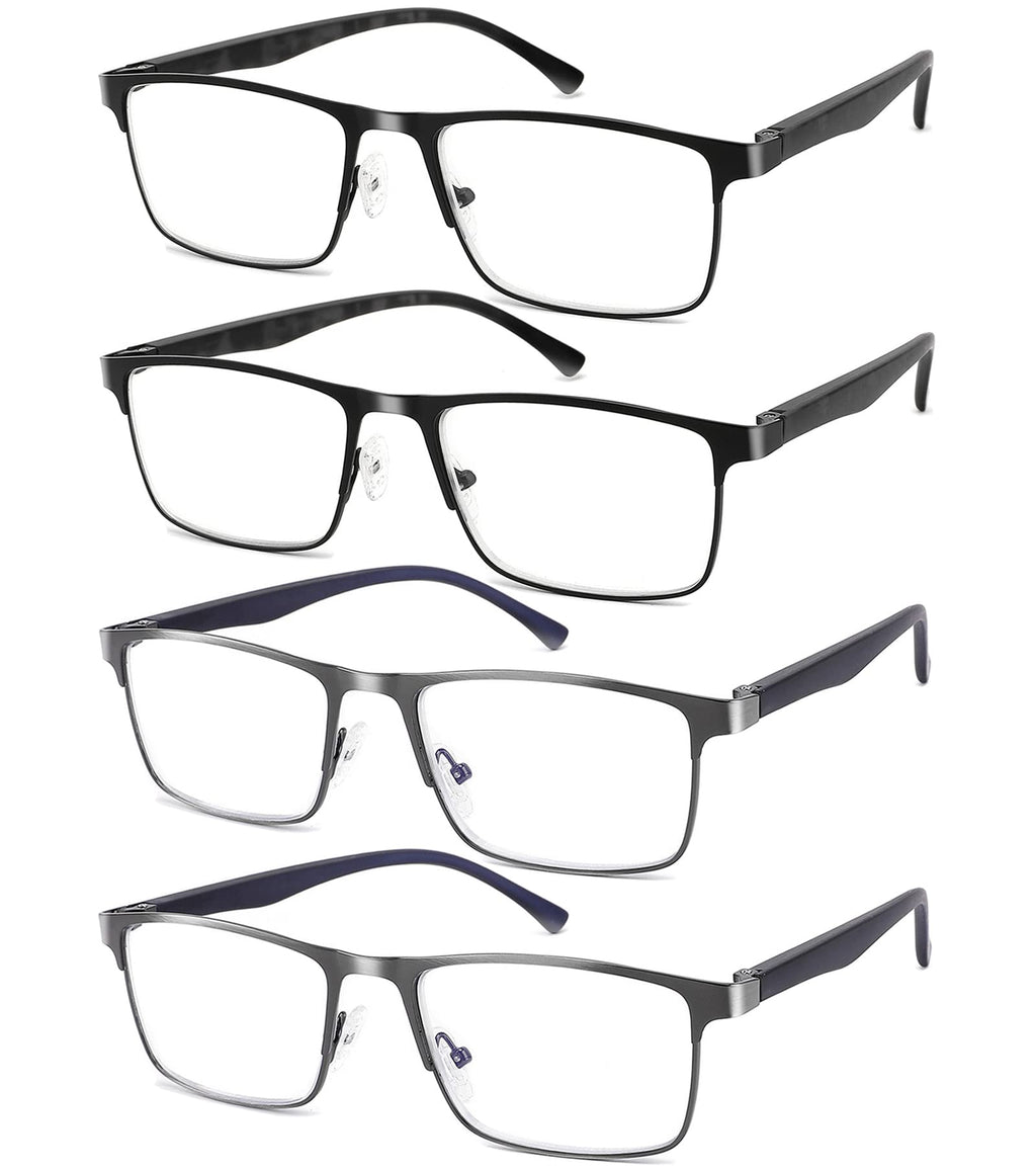 DILLY VISION 4-Pack Mens Reading Glasses Blue Light Blocking,Spring Hinge Stylish Metal Full Frame Readers for Men Anti Glare Filter Eyeglasses +1.50