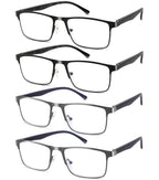 DILLY VISION 4-Pack Mens Reading Glasses Blue Light Blocking,Spring Hinge Stylish Metal Full Frame Readers for Men Anti Glare Filter Eyeglasses +1.50