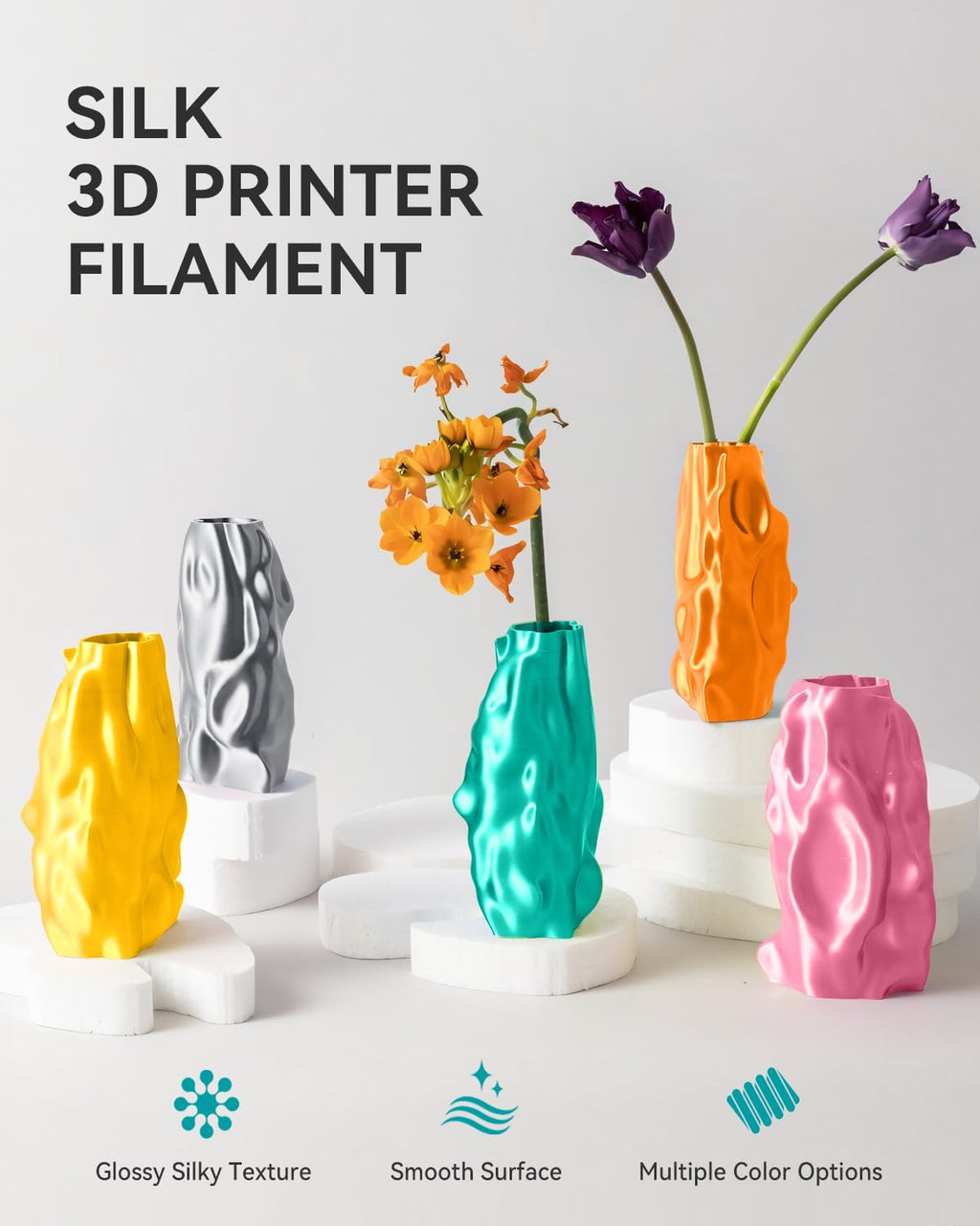 SUNLU 3D Printer Filament Bundle, PLA+ Silk Filament Multicolor 1.75mm, Individually Vacuum Packed, 250G Spool, 8 Rolls, 2kg in Total, Light Gold+Silver+Purple+Red+Orange+Yellow+Pink+Bronze