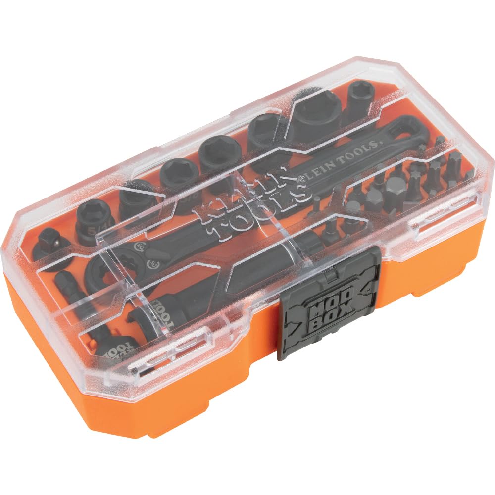 Klein Tools 65300 KNECT 32-Piece Pass Through Socket Set, SAE Impact Set with MODbox Case, 1/4-Inch Drive, Sockets, Bits and Accessories