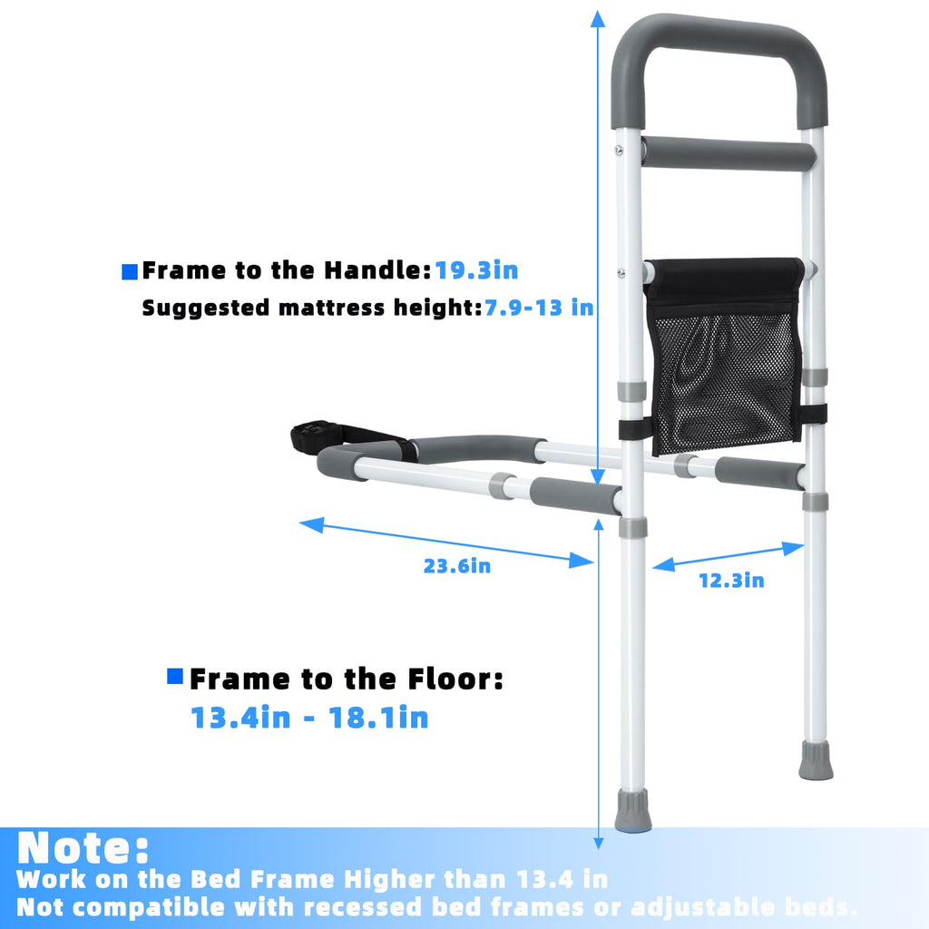 YrHeiper Bed Rails for Elderly Adults Safety - Adjustable Bed Assist Rail for Seniors Fall Prevention with Support Leg, Bedside Grab Bar Cane with Storage Pocket, Fits King, Queen, Full, Twin Bed