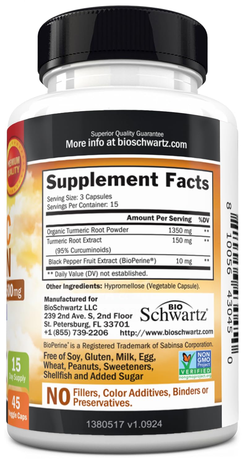 Turmeric Curcumin with Black Pepper Extract 1500mg - High Absorption Ultra Potent Turmeric Supplement with 95% Curcuminoids and BioPerine - Non GMO Tumeric Capsules for Joint Support - 45 Capsules