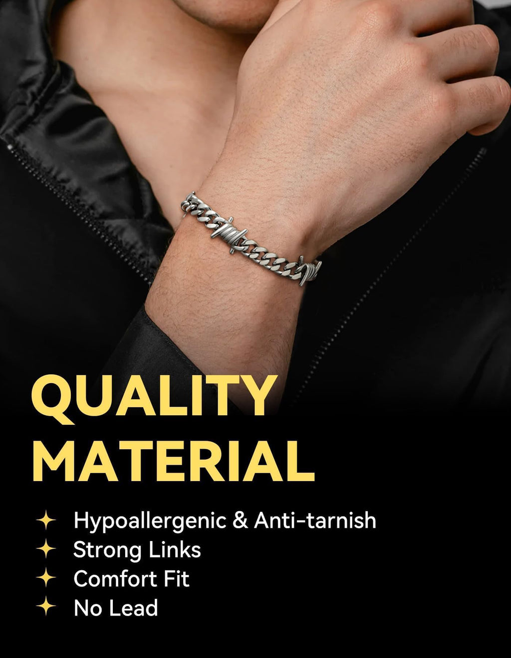 ChainsHouse Barbed Wire Bracelet, Stainless Steel Cuban Link Chain Bracelet for Men Chain Bracelet Hip Hop Rock Jewelry 9MM Width 7.08" Length with 2" Extened Links