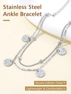 FindChic Stainless Steel Ankle Bracelets for Women, Silver Layered Coin Charm Anklets, Waterproof & Trendy Summer Jewelry
