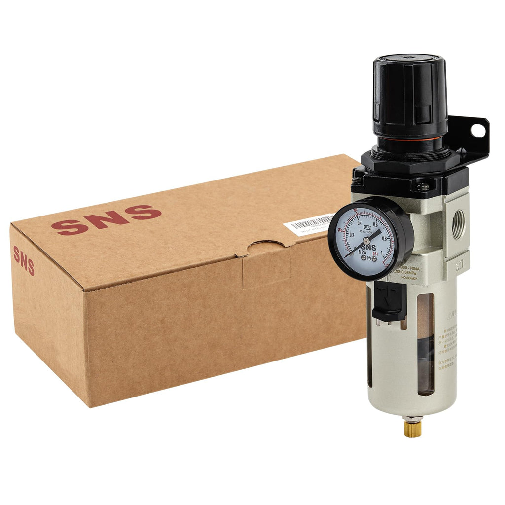 SNS 1/2”NPT Compressed Air Filter Regulator Piggyback Combo, Semi-auto Drain, 5 Micron Brass Filter, Gauge and Bracket, Poly Bowl with Metal Guard AW4000-N04A