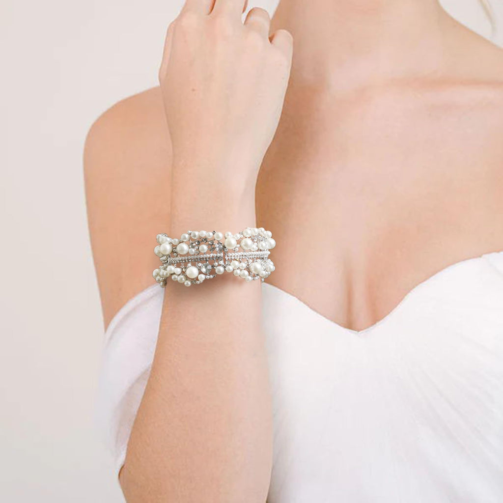 EVER FAITH Crystal Pearl Flower Bridal Stretch Bracelet for Women Bride