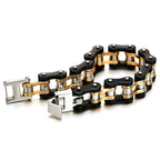 COOLSTEELANDBEYOND Men's Tri-Tone Bike Chain Link Bracelet, Silver Black and Gold, Large Motorcycle Link with Fold Over Clasp, Biker Punk Jewelry Gift
