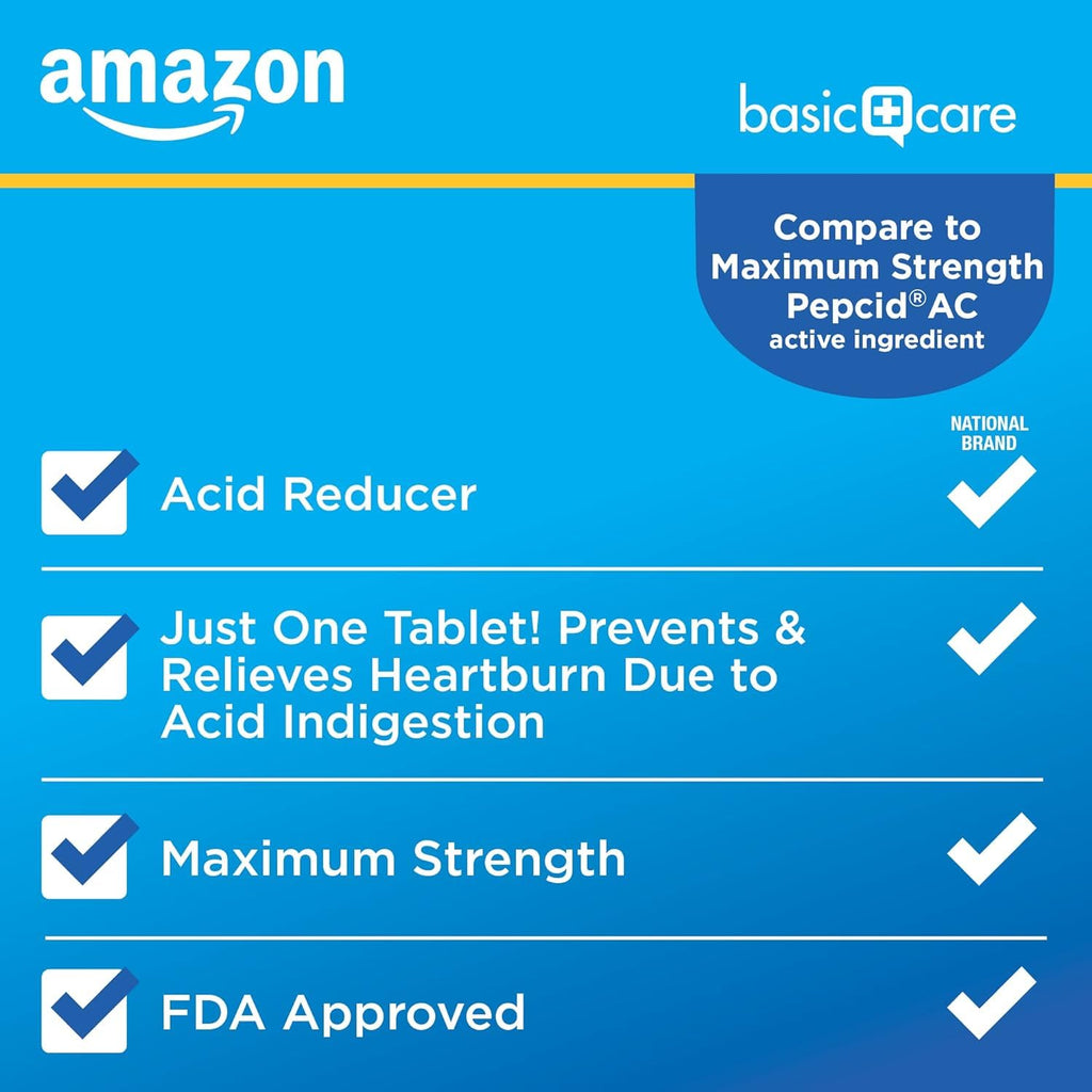 Amazon Basic Care Maximum Strength Famotidine Tablets 20 mg, Acid Reducer for Heartburn Relief, Prevents & Relieves Acid Indigestion, Heartburn Medicine, 50 Count