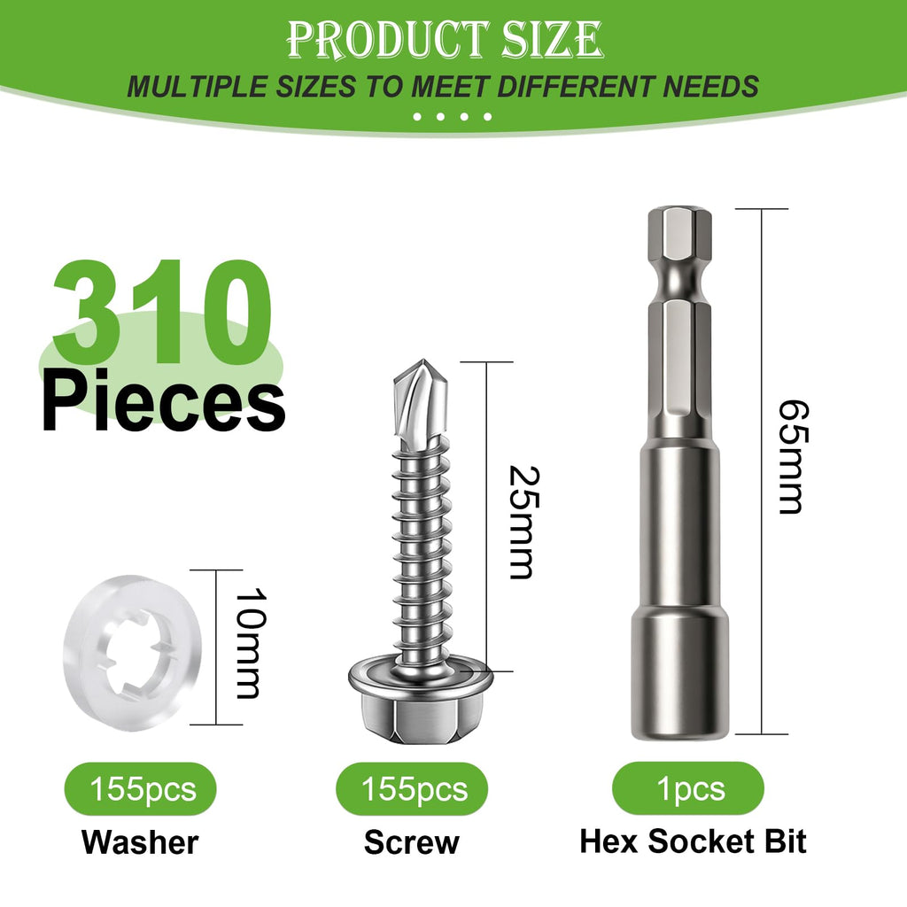 mxuteuk 310PCS #8×1" Self Tapping Screws,410 Stainless Steel Self Drilling Screws,Hex Washer Head Sheet Metal Screws with Rubber Washers for Metal,Plastic,Wood(155Set)