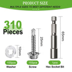 mxuteuk 310PCS #8×1" Self Tapping Screws,410 Stainless Steel Self Drilling Screws,Hex Washer Head Sheet Metal Screws with Rubber Washers for Metal,Plastic,Wood(155Set)