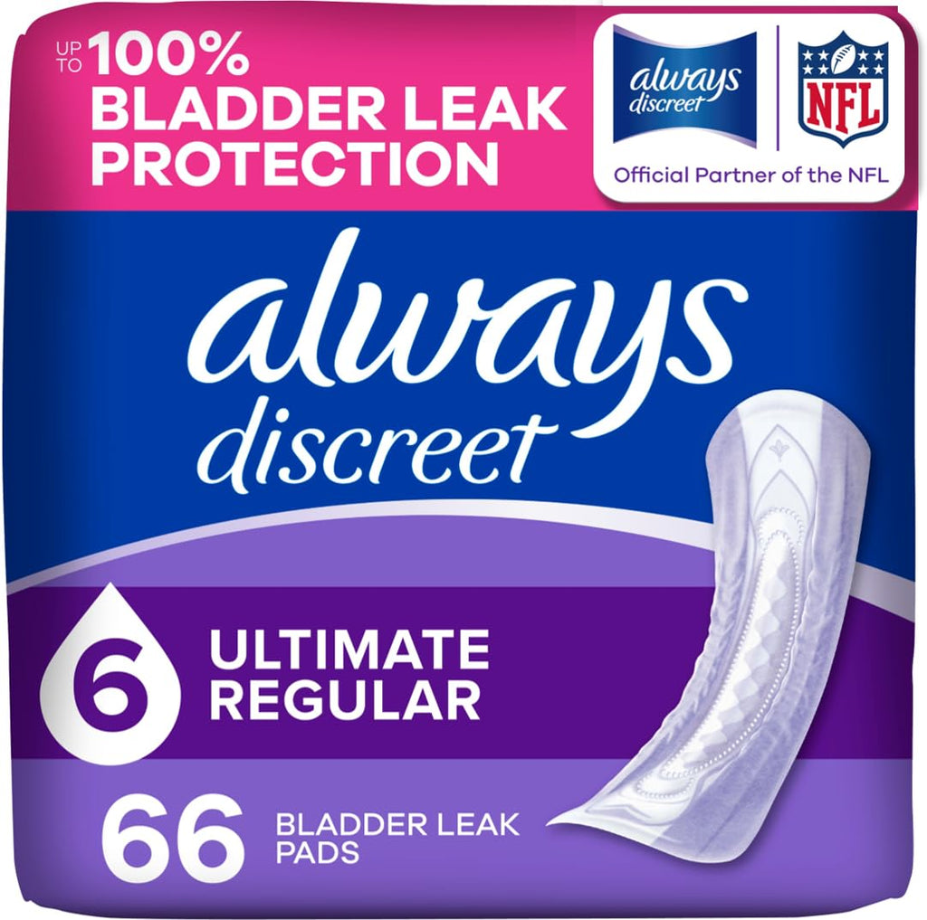 Always Discreet Adult Incontinence Pads for Women, Drier, 6 Drop Regular Length, Extra Heavy Absorbency, Pads for Bladder Control Management, Bladder Leaks, & Postpartum Pads, 66ct