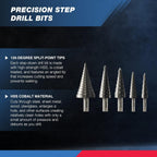 NEIKO 10198A Step Drill Bit Set | 5 Piece, 4mm- 35mm | Metric Titanium High Speed Steel Unibit, Stepper Cone Drill Bit | Two Flute Step Down Bits, 135 Degree Point