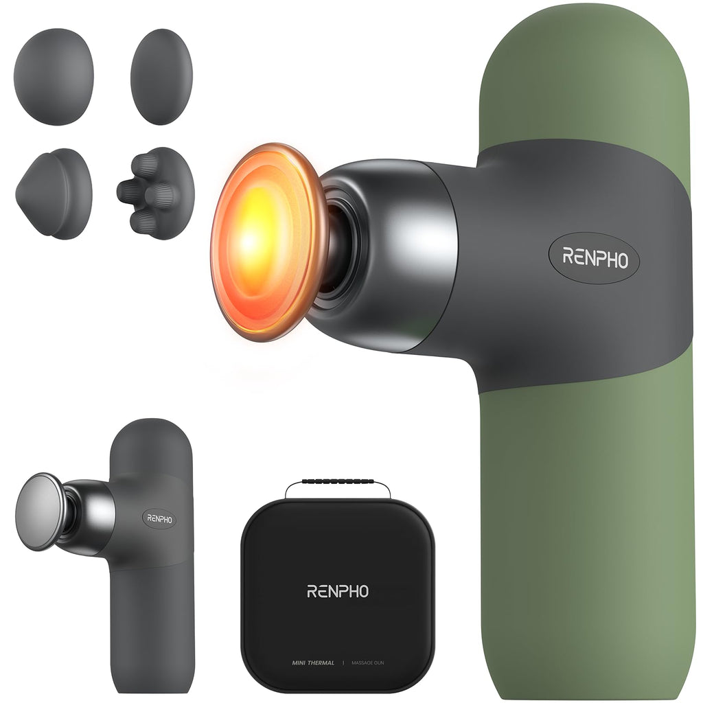 RENPHO Mini Thermal Massage Gun with Heat, Portable Deep Tissue Percussion Massager with 4 Heads for Neck & Back Comfort, Ultra-Quiet for Home, Office & Travel, Carry Case, Gifts for Men Women