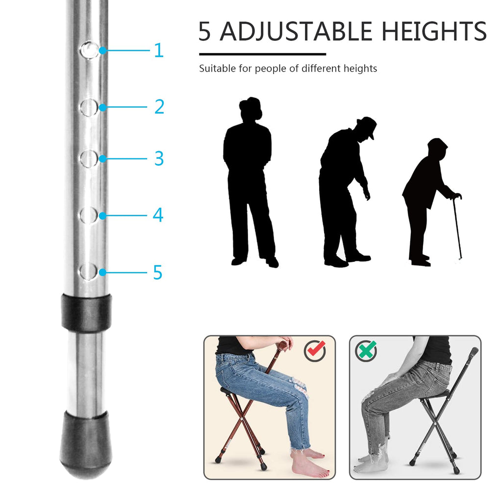 Yayayo Walking Cane with Seat Aluminum Alloy Portable LED Floding Chair for Seniors Adult Height Adjustable Heavy Stick Stool for Elderly Gift Blue