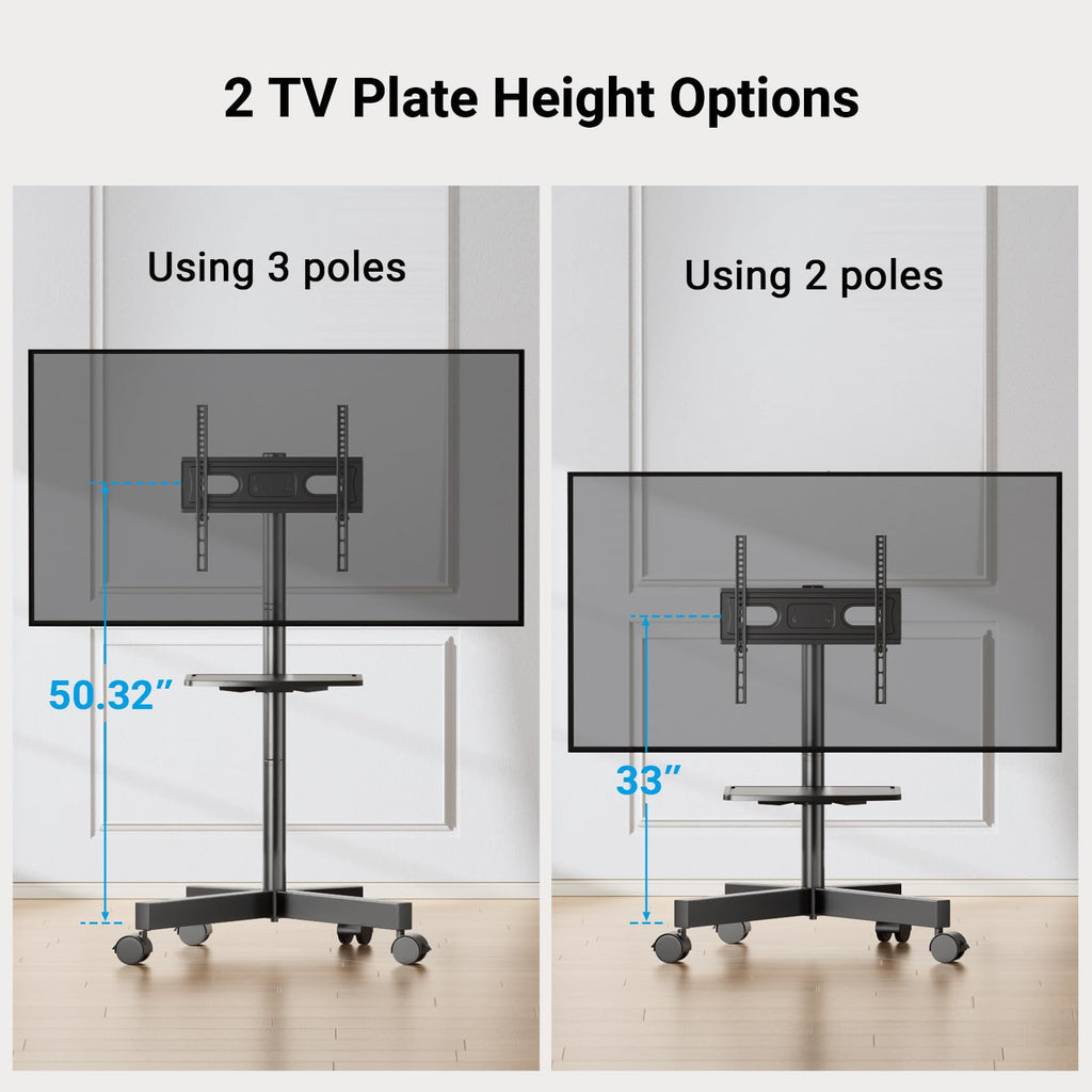 PERLESMITH Rolling TV Stand, Mobile TV Stands for 23-65 Inch LCD LED TVs, Tilt TV Stand Wheels Holds up to 88Lbs, Portable Outdoor TV Cart for Bedroom with Shelf, Max VESA 400x400mm PSTVMC06