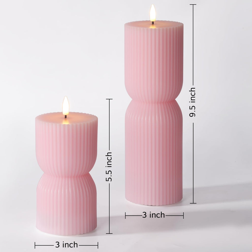 Girimax Pink Ribbed Flameless Pillar Candles with Remote, Flickering LED Candles Battery Operated Real Wax Set of 2
