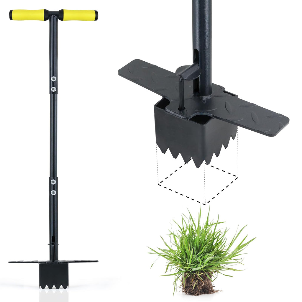 Colwelt Sod Plugger Tool 36-INCH, Grass Plug Tool 3 x 3 Square with Serrated Base, Bulb Planter Tool Long Handle with Dual Pedals & Easy Foot Ejector, Sod Turf Cutter for Lawn Planting Grass Repair