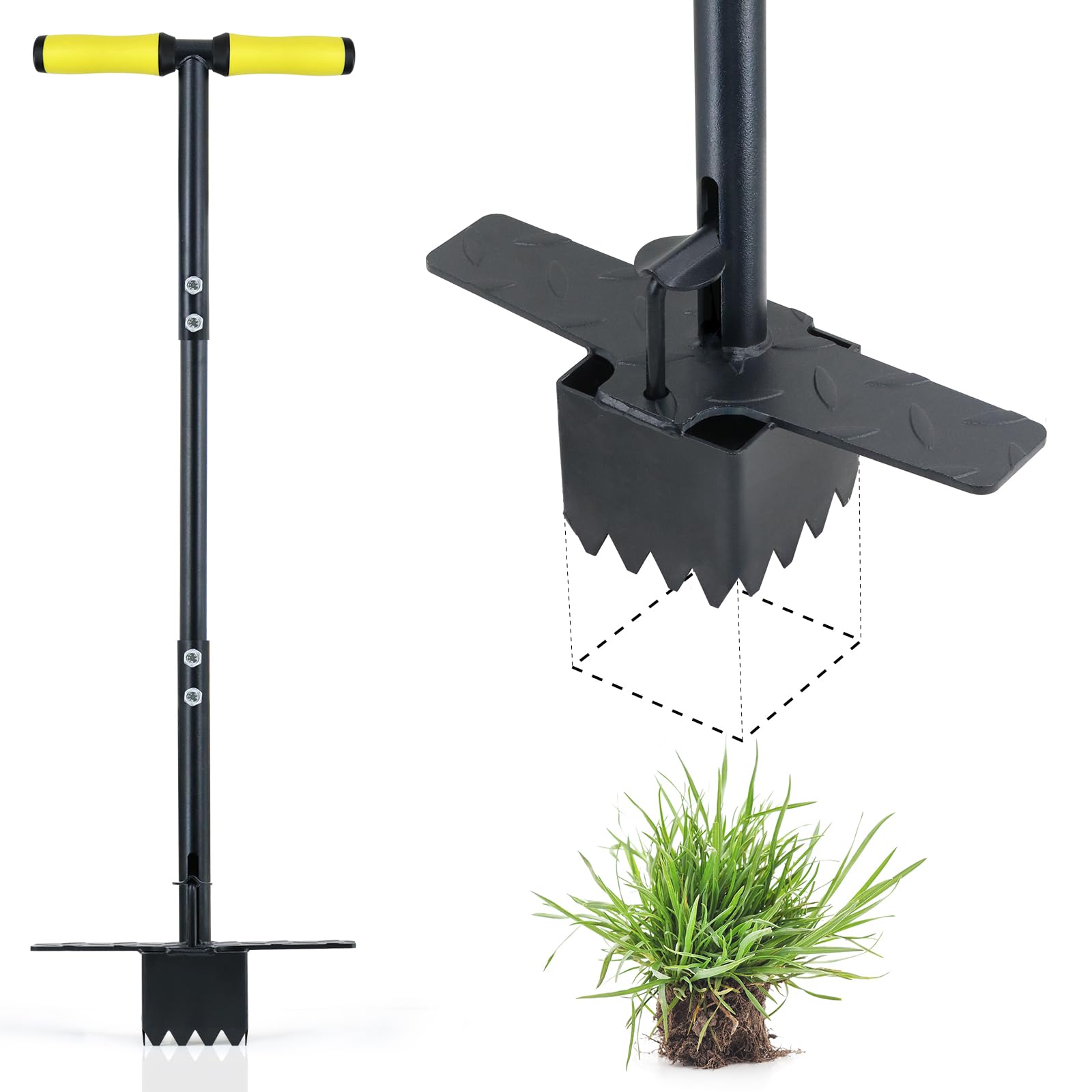 Colwelt Sod Plugger Tool 36-INCH, Grass Plug Tool 3 x 3 Square with Serrated Base, Bulb Planter Tool Long Handle with Dual Pedals & Easy Foot Ejector, Sod Turf Cutter for Lawn Planting Grass Repair