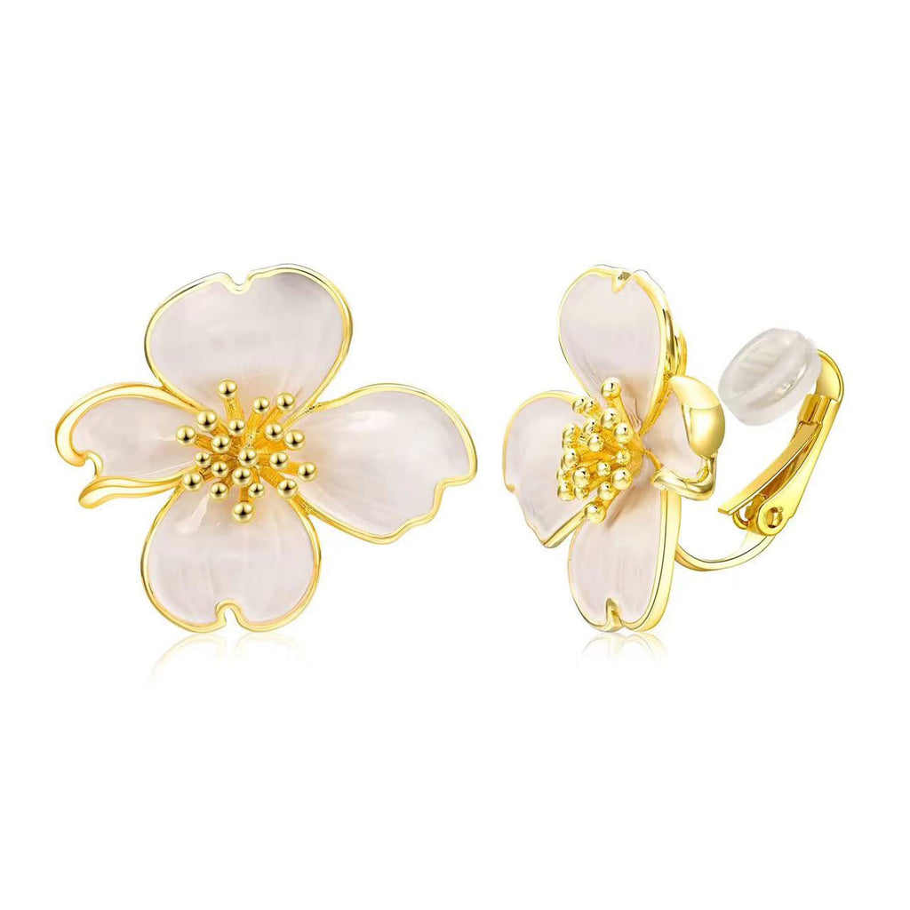 NUOKUN Clip on Earrings Women, 14K Gold Plated Earrings for Sensitive Ears, Fashion Women's Earrings Jewelry Birthday Gift for Wife Grandma Daughter on Christmas Thanksgiving (Sakura Cream Enamel Earrings)