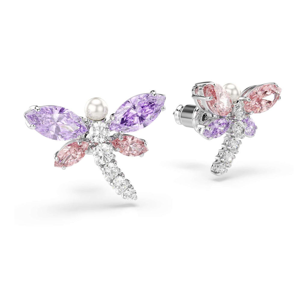Swarovski x Ariana Grande Dragonfly Motif Stud Earrings, Mixed Cut Multicolored Stones, Rhodium Finish