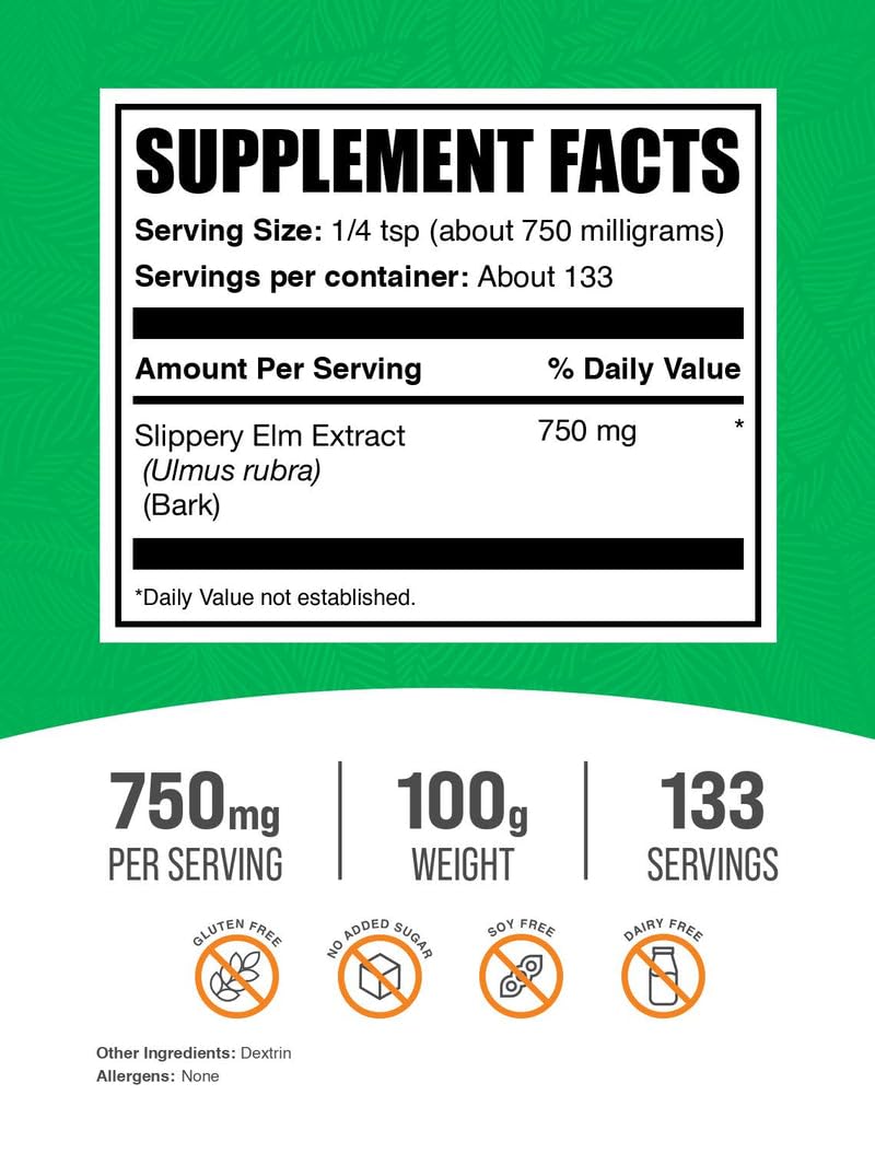 BulkSupplements.com Slippery Elm Bark Extract Powder - Slippery Elm Powder, Sourced from Ulmus Rubra Bark - Gluten Free, 750mg per Serving, 100g (3.5 oz) (Pack of 1)