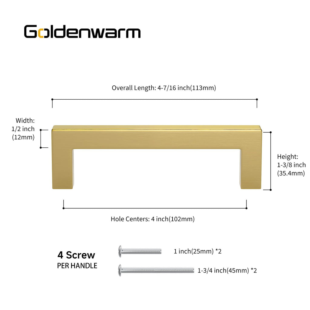 Goldenwarm Gold Cabinet Pulls 15 Pack Brushed Brass Drawer Pulls - J12GD102 4 inch Kitchen Cabinet Handles Square Bar Pulls Antique Brass Bathroom Cabinet Hardware