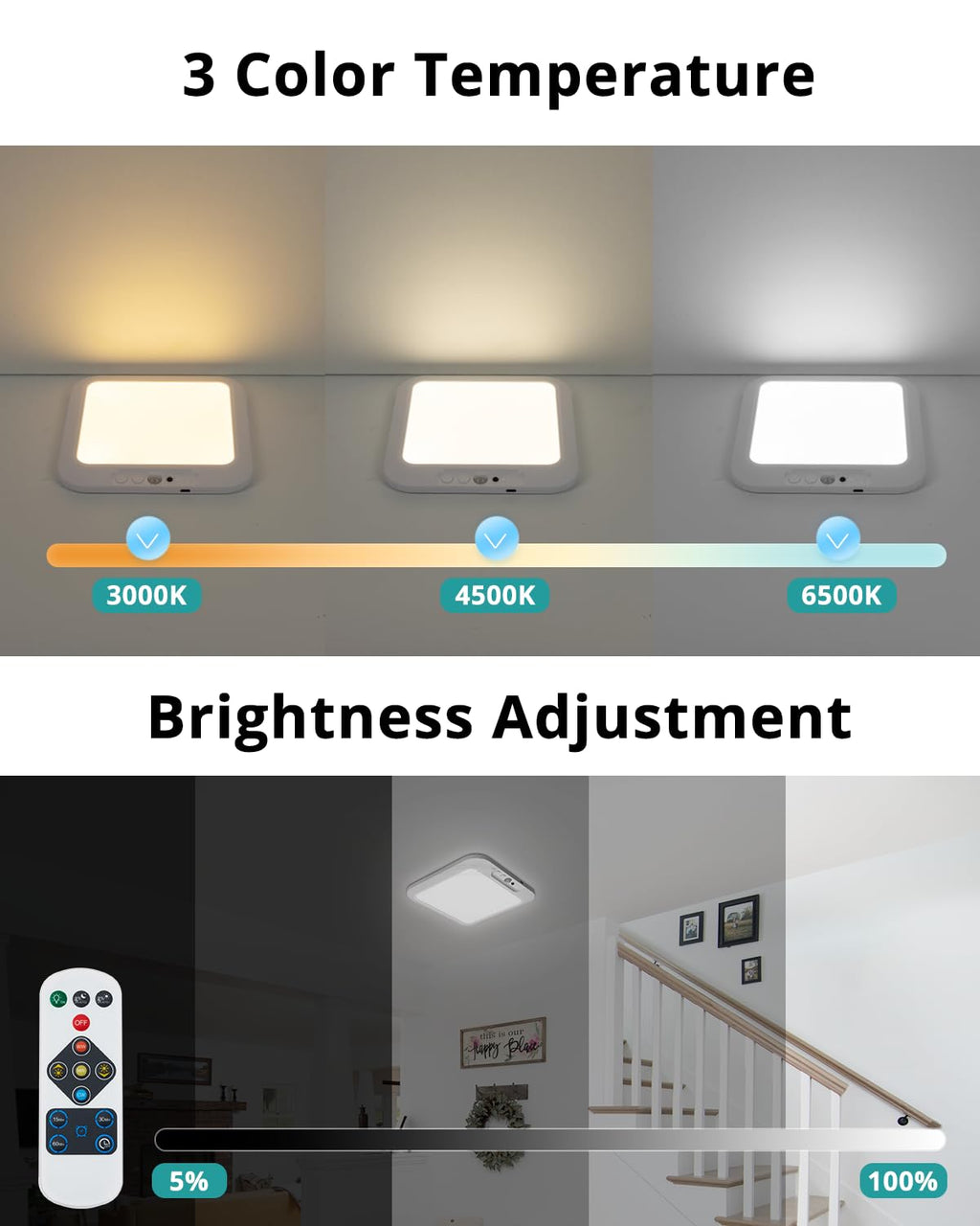 wowatt 2Pcs Rechargeable Battery Operated Ceiling Light, Motion Sensor Light Indoor Wireless Shower Lamp with Remote 3000K 4500K 6500K Dimmable Timing for Closet, Shower, Hallway, Patio