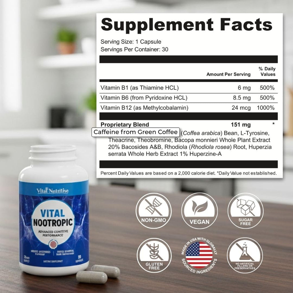 Vital Nootropic 12-in-1 Brain Supplement for Memory, Focus & Energy Support – L-Tyrosine, Bacopa, Rhodiola, Caffeine, B Vitamins – Cognitive Balance Capsules for Men & Women-30 Days Supply