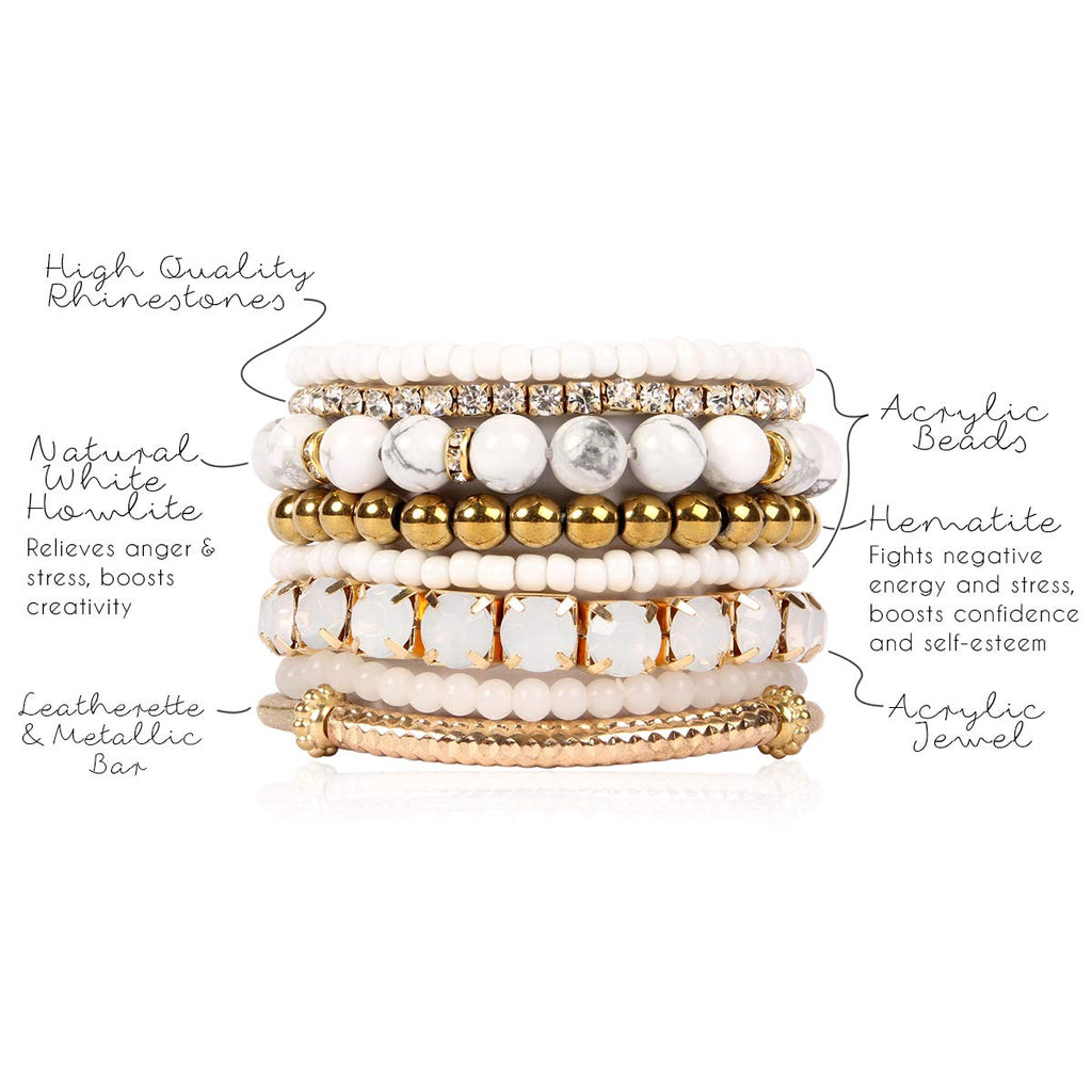 RIAH FASHION Multi Color Stretch Beaded Stackable Bracelets - Layering Bead Strand Statement Wrap Bangles (Natural Stone - White Howlite/Gold, 7.0 Inches)