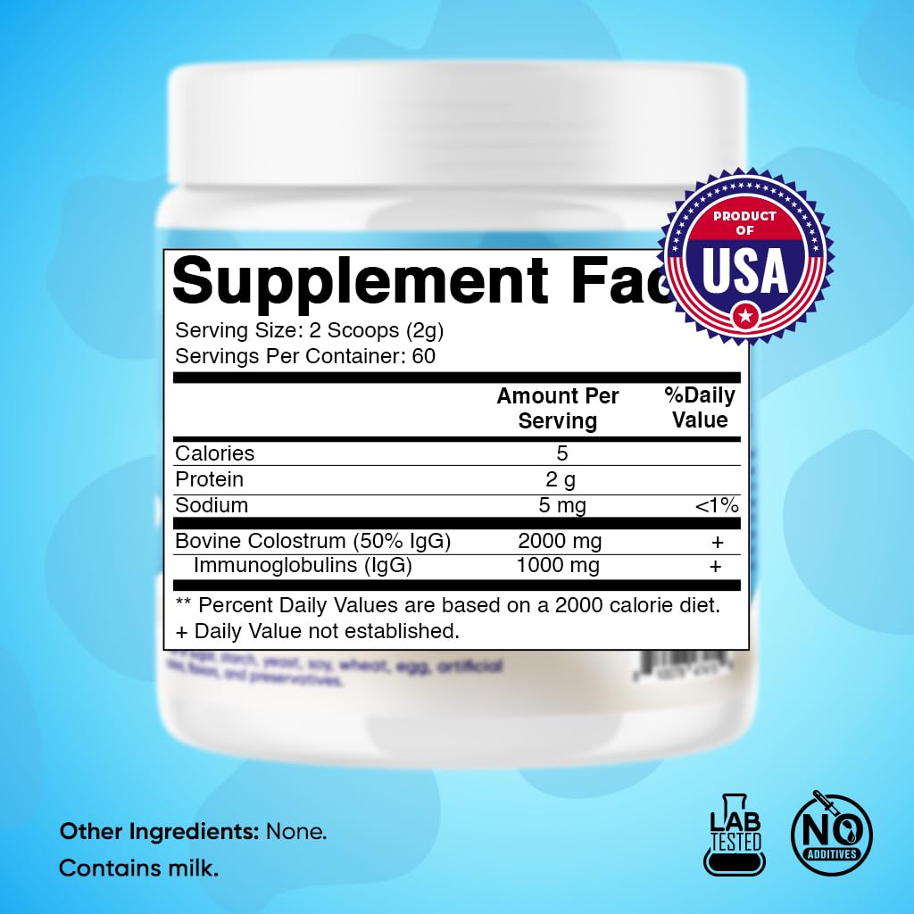 Vitamatic Bovine Colostrum Powder - 50% Highest IgG -120 Gram - Supplement for Gut Health, Hair Growth, Beauty, Muscle Recovery, & Immune Support - Easy to Mix - Unflavored - 60 Servings