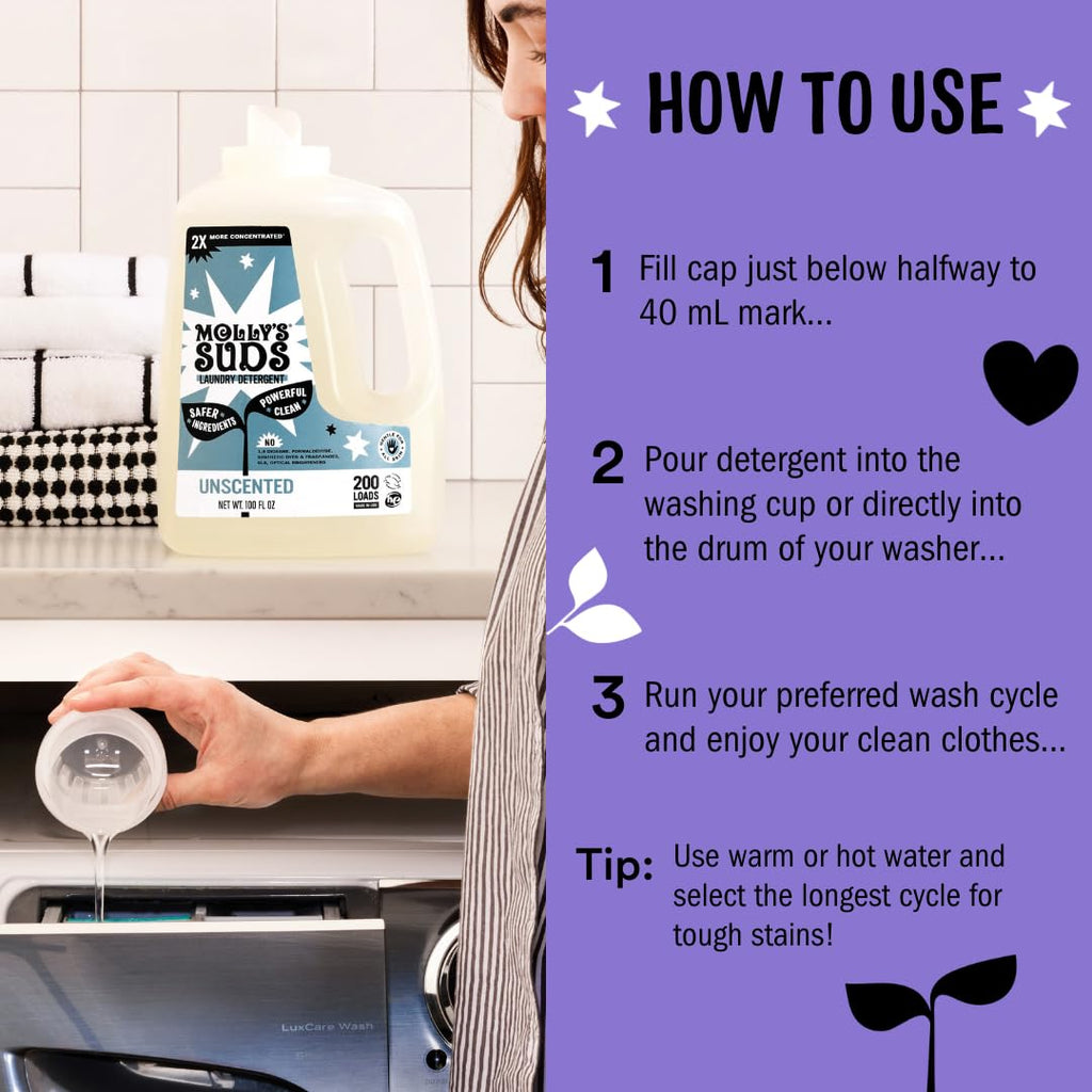 Molly's Suds Liquid Laundry Detergent | Clean Laundry Detergent Soap for Sensitive Skin | 2x Concentrated, High Efficiency (HE) (Lavender - 200 Loads)