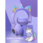 Unicorn Kids' Bluetooth Headphones,Foldable Wireless Headphones for Children with Cable and Microphone Earphones Volume Control,Unicorn-Inspired Gift Design for Birthday Gift & Christmas (purple)
