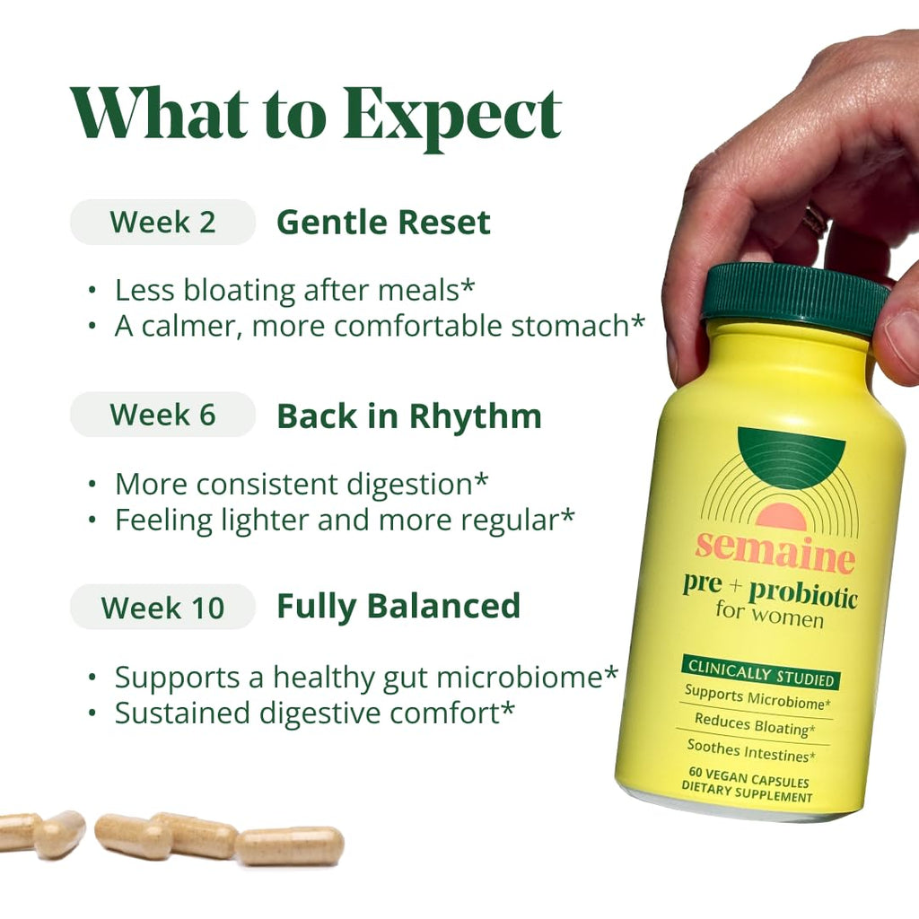 Semaine Super Powered Prebiotic + Probiotic for Women, Effective 3-in-1 Multi-Action Formula to Nourish Gut Health, Soothe IBS, Support Bloat Relief & Immunity Boost, Clinically-Studied (60 ct)