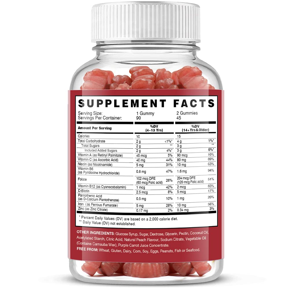 Iron Gummies Supplements for Women & Kids - Multivitamin with Vitamin C for Energy Support, Great Tasting Iron Gummy Vitamins with Vitamin C for Max Absorption - Vegan, Strawberry 90 Count
