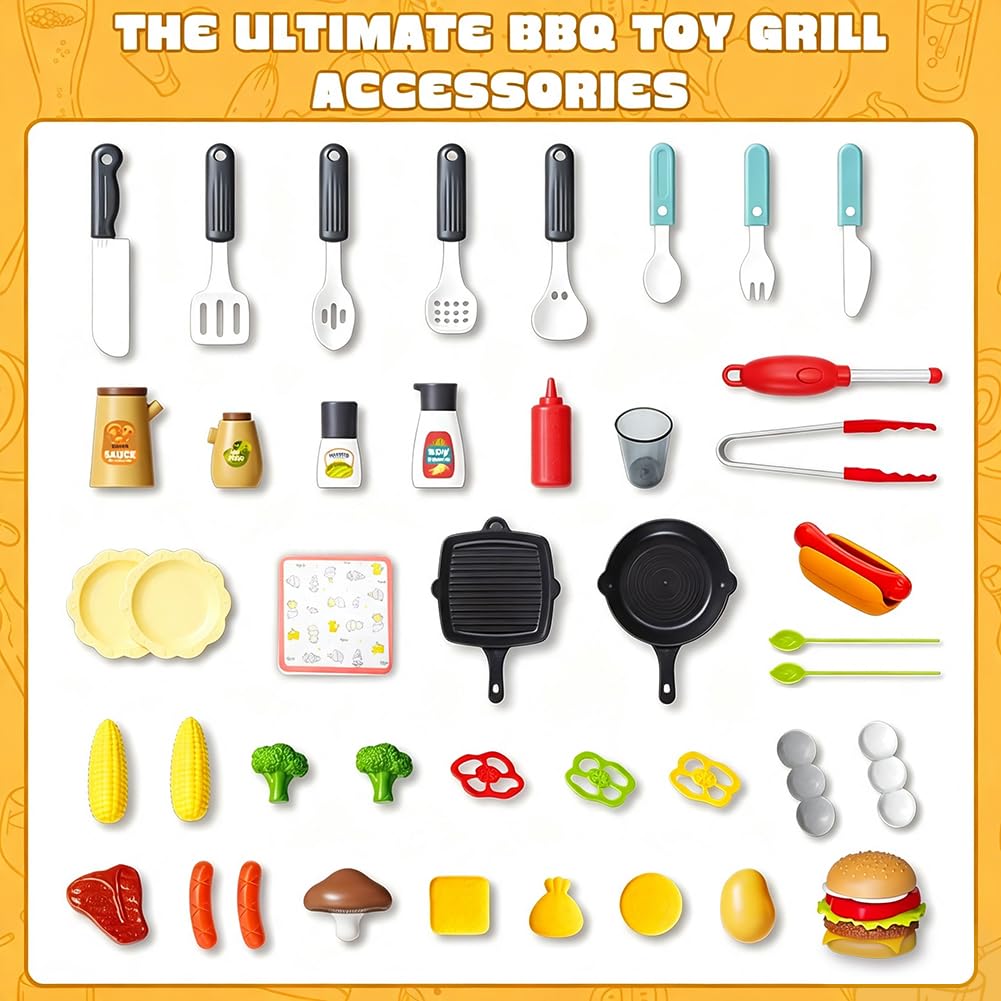 Kids Grill Playset, BBQ Toy Grill with Smoke Sound Light and Wheel, Movable Pretend Play Kitchen Toys Grills for Toddlers 3-5, 2-Layer Barbecue Play Food Christmas Birthday Gifts for Grandkids