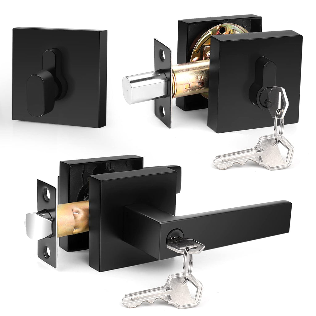 Probrico Flat Black Entry Levers Lock Sets and Single Cylinder Deadbolts Keyed Alike Combination Set, Heavy Duty Square Entry Door Locksets Front Door Bedroom Entrance Handles, 1 Pack(All Same Keys)