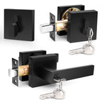 Probrico Flat Black Entry Levers Lock Sets and Single Cylinder Deadbolts Keyed Alike Combination Set, Heavy Duty Square Entry Door Locksets Front Door Bedroom Entrance Handles, 1 Pack(All Same Keys)