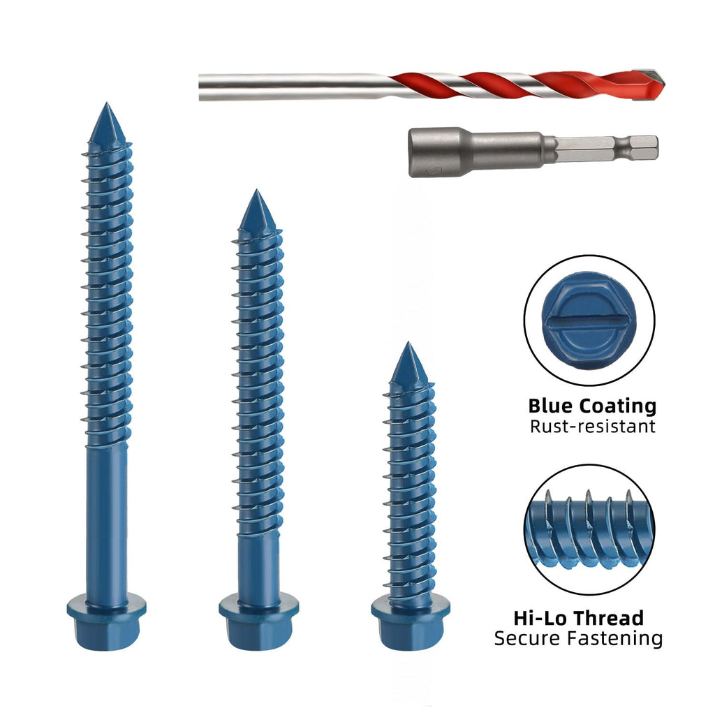 1/4" x 3-1/2" Concrete Screws, 50 PCS Blue Hex Washer Head Concrete Screws Anchor Kit with Drill Bit and Hex Bit Socket, for Masonry, Cement, Block, Brick or Stucco