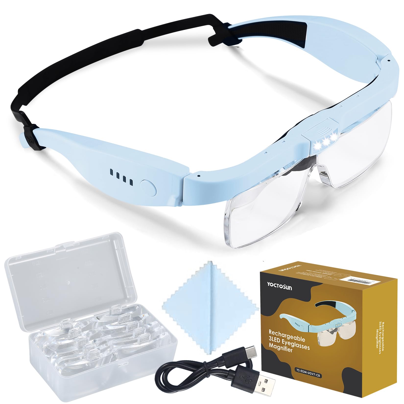 YOCTOSUN Magnifying Glass with Light, Magnifying Glasses with 5 Lenses 0.75X-4.0X and 3 LED Lights, Rechargeable Magnifier Headset, Hands Free Head Magnifying Glass for Close Work Hobby Crafts Jewelry