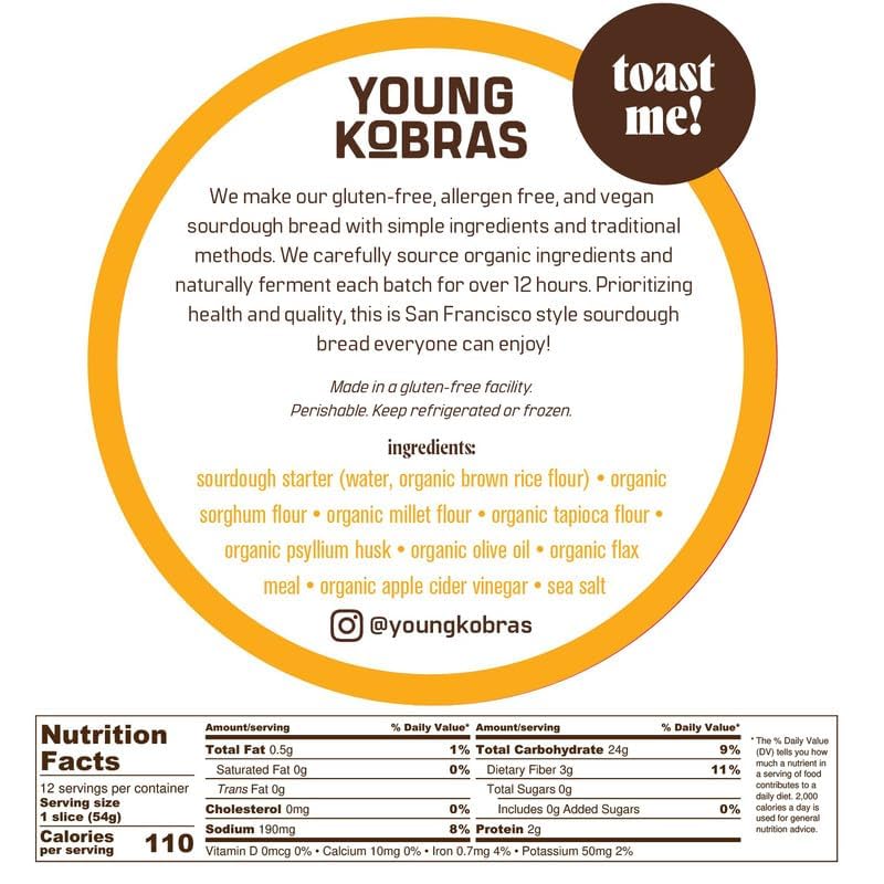 Young Kobras Organic, Gluten-Free Original Sourdough Bread 22oz (2-pack) - Allergen Friendly, Vegan, Gum-Free, Simple Ingredients & Made Fresh to Order