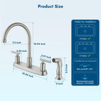 Cinwiny Kitchen Faucets, High Arc 360°Rotating Spout Kitchen Sink Faucet, 2 Handle 8 Inch Centerset RV Kitchen Faucet with Supply Lines, 3 or 4 Hole Kitchen Faucet with Side Sprayer, Brushed Nickel