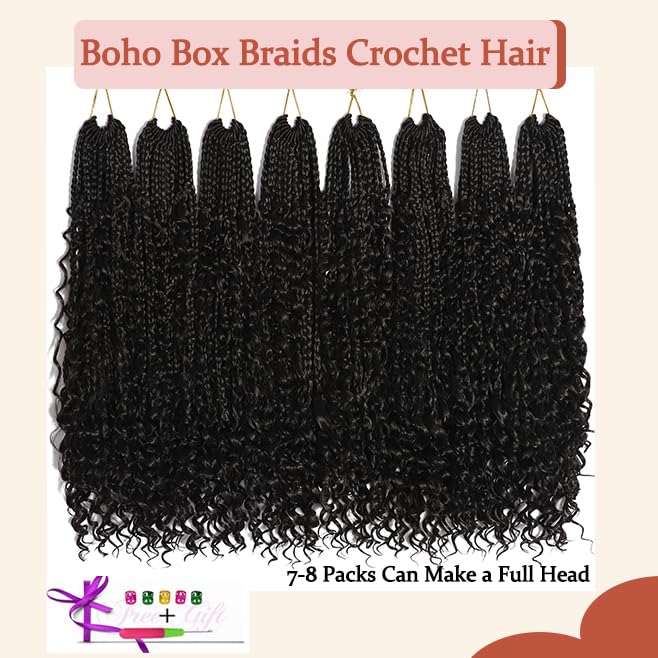 Goddess Box Braids Crochet Hair for Black Women 18 Inch 8 Packs Boho Crochet Braids with Curly Ends Pre Looped Bohemian Knotless Short Crochet Boho Braids Mermaid Box Braids Crochet Hair(18 Inch 2#)