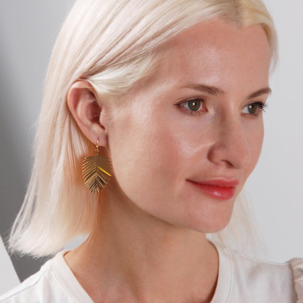 Gold Tone Leaf Earrings for Women - Bohemian Tropical Dangles, Palm Drops
