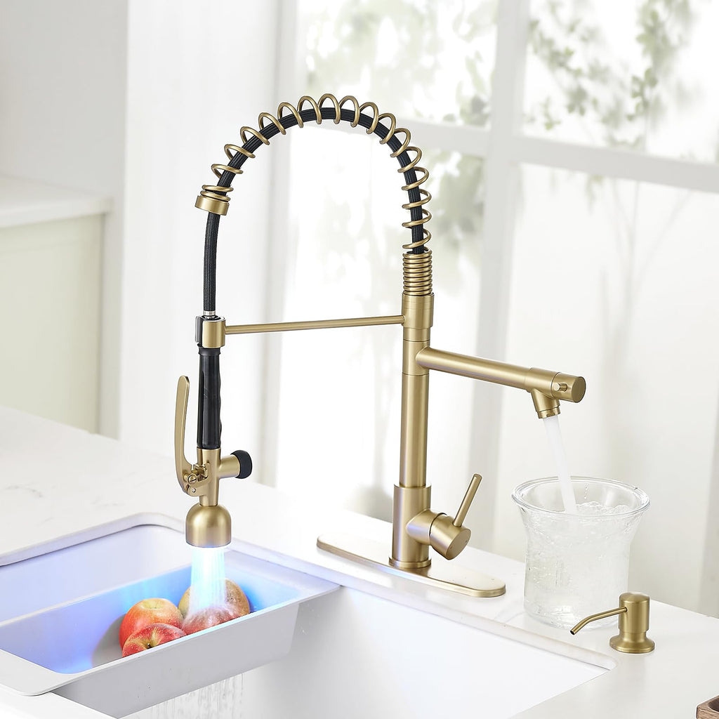 Fapully Commercial Kitchen Faucets with Pull Down Sprayer Brushed Gold LED Single Handle Faucet for Kitchen Sink, Kitchen Faucet with Soap Dispenser and Deck Plack for 4 Hole