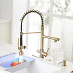 Fapully Commercial Kitchen Faucets with Pull Down Sprayer Brushed Gold LED Single Handle Faucet for Kitchen Sink, Kitchen Faucet with Soap Dispenser and Deck Plack for 4 Hole