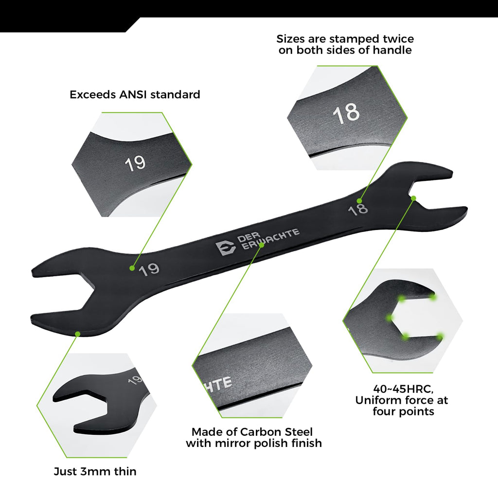 Der Erwachte Super-Thin Open End Wrench Set, Metric, 8-Piece,6mm to 24mm, Black Electrophoretic Coating, with Rolling Pouch