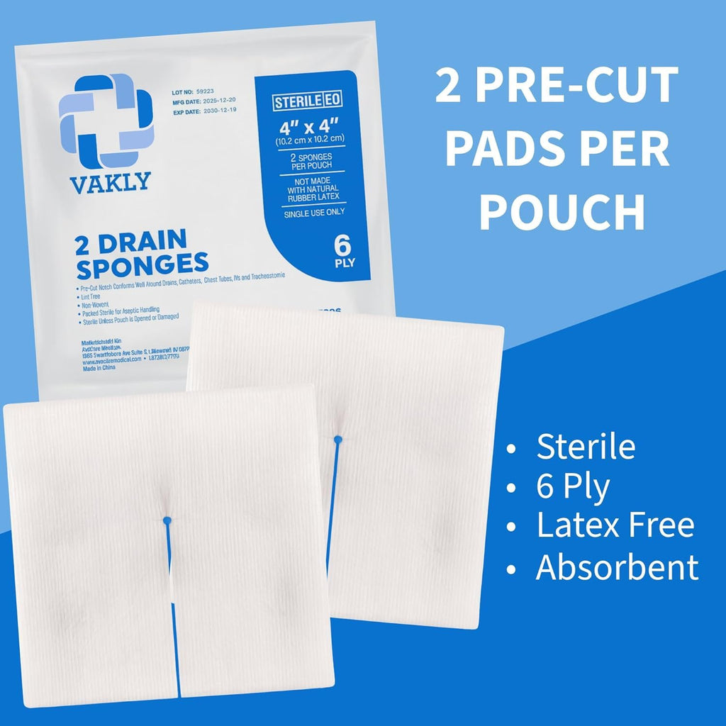 Vakly Sterile Split Gauze 4" x 4" 6-Ply (Pack of 250) – Absorbent Non-Woven Drain Sponges with Precut Slit for IV & Tracheostomy Care