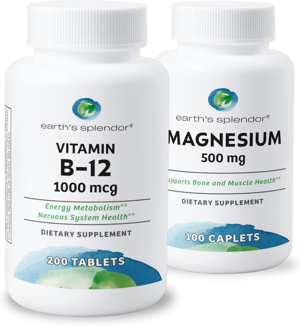 Earth's Splendor Energy + Muscle Support Energy Supplements: Vitamin B12 & Magensium, Gluten & Wheat Free, No Artificial Flavors & Preservative: Helps Metabolism, Bone & Muscle Health